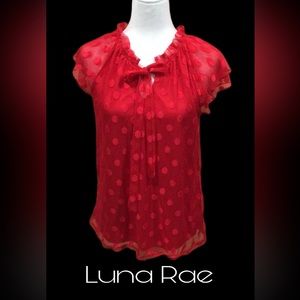 Luna Rae Red Dotted Lace‎ Blouse, Lined, Key Hole Tie, Tiered Flutter Sleeves, M